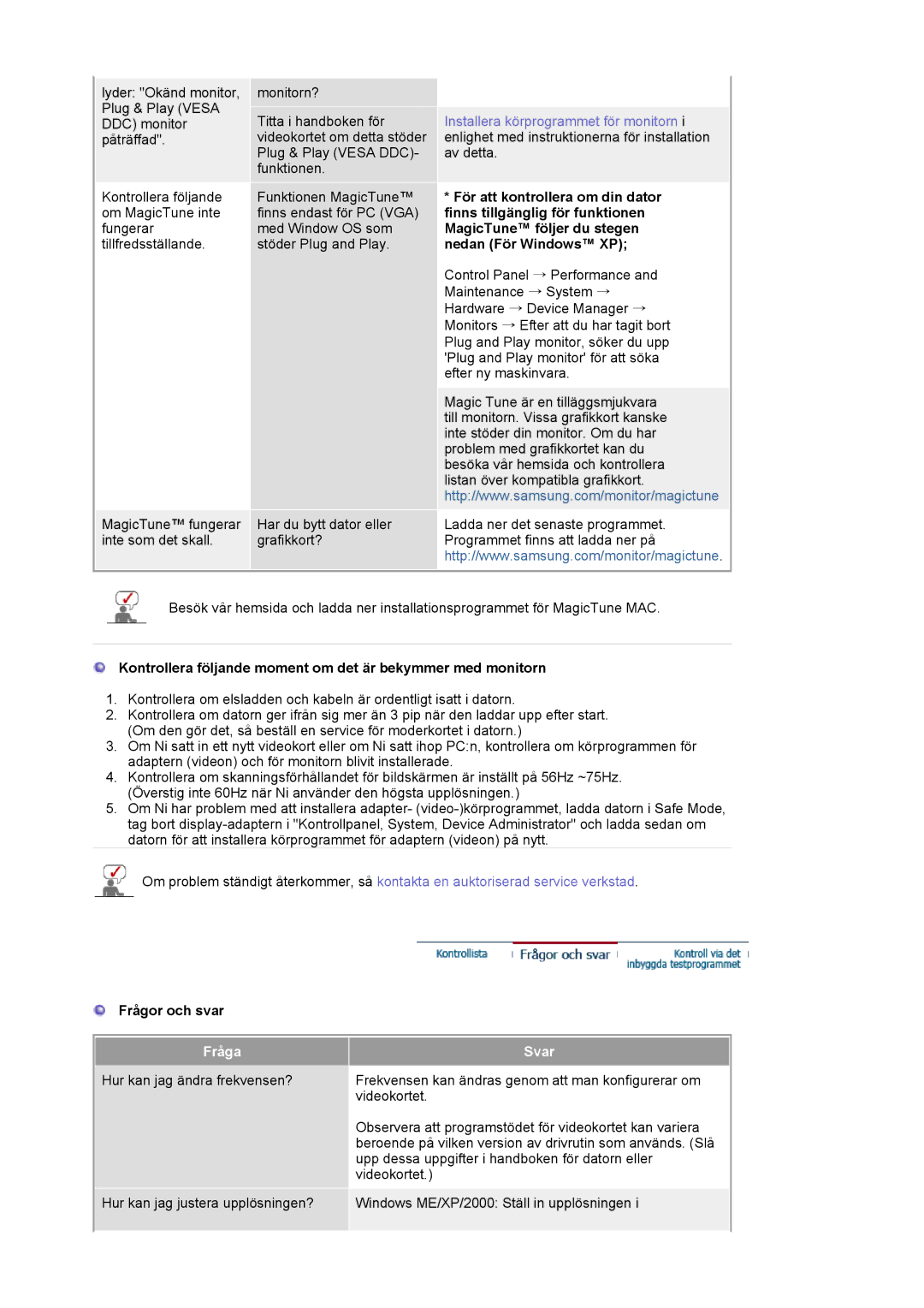 Samsung LS21BRBAS/EDC manual Kontrollera följande moment om det är bekymmer med monitorn, Frågor och svar, Fråga, Svar 