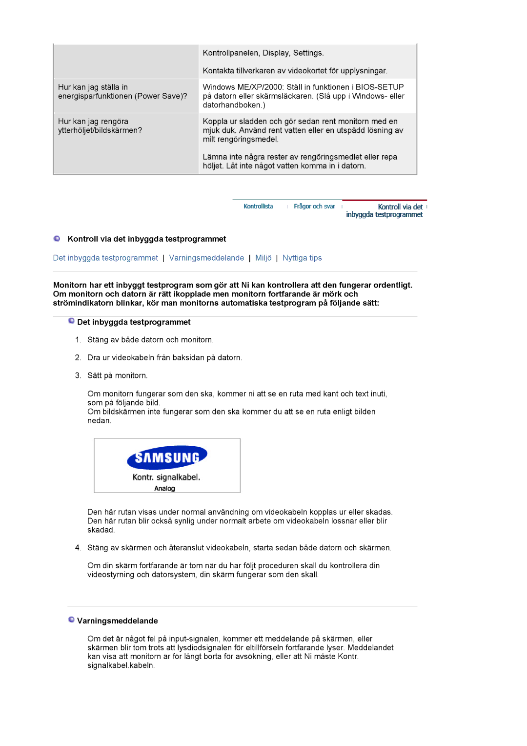 Samsung LS21BRBAS/EDC manual Kontroll via det inbyggda testprogrammet, Varningsmeddelande 