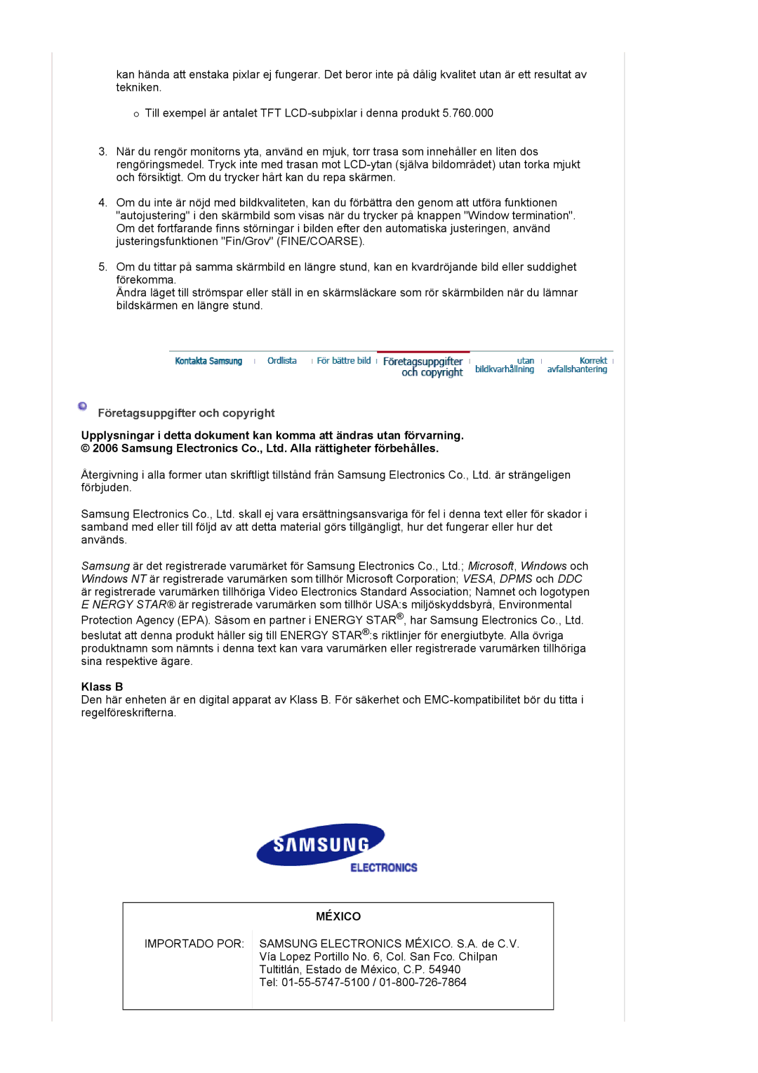 Samsung LS21BRBAS/EDC manual Företagsuppgifter och copyright, Klass B 