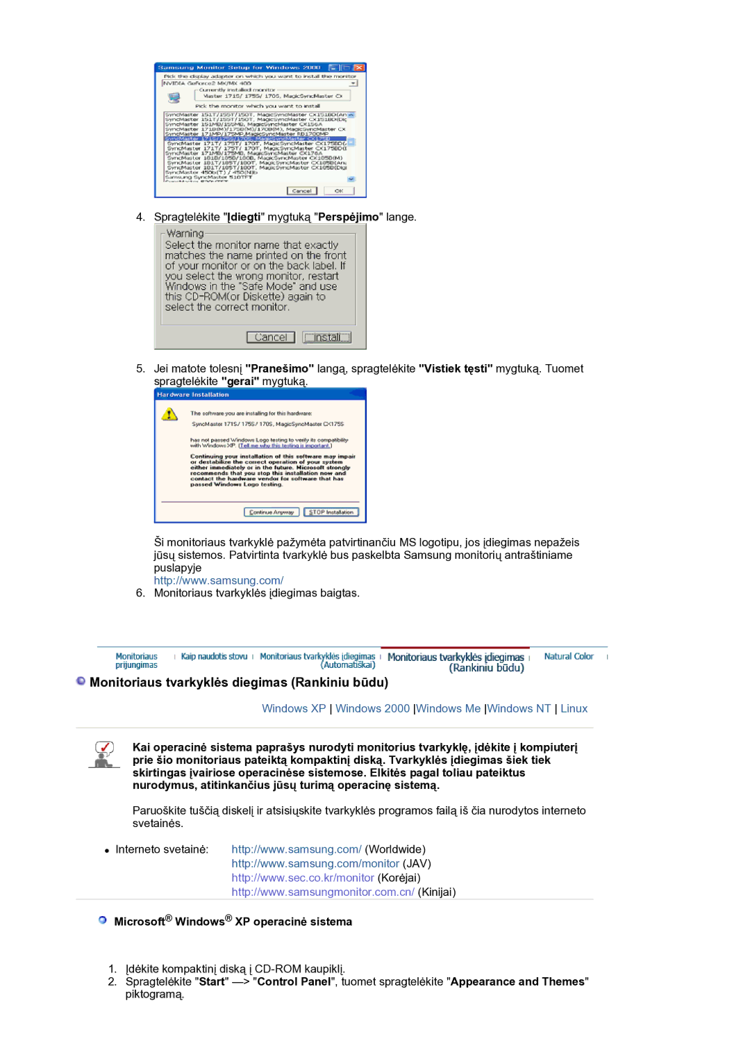 Samsung LS21BRBAS/EDC manual Monitoriaus tvarkyklės diegimas Rankiniu būdu, Microsoft Windows XP operacinė sistema 