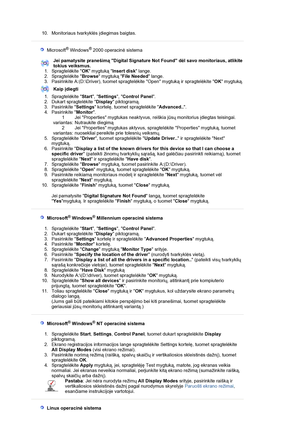 Samsung LS21BRBAS/EDC Kaip įdiegti Spragtelėkite Start, Settings, Control Panel, Microsoft Windows NT operacinė sistema 