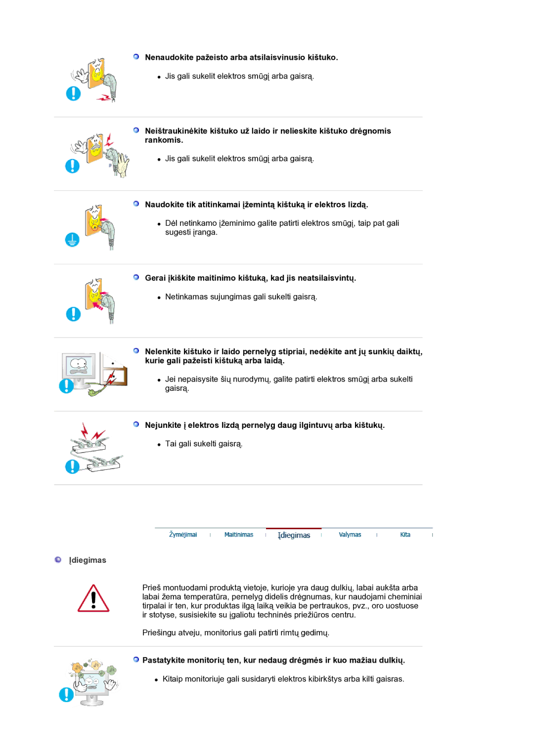 Samsung LS21BRBAS/EDC manual Nenaudokite pažeisto arba atsilaisvinusio kištuko, Įdiegimas 