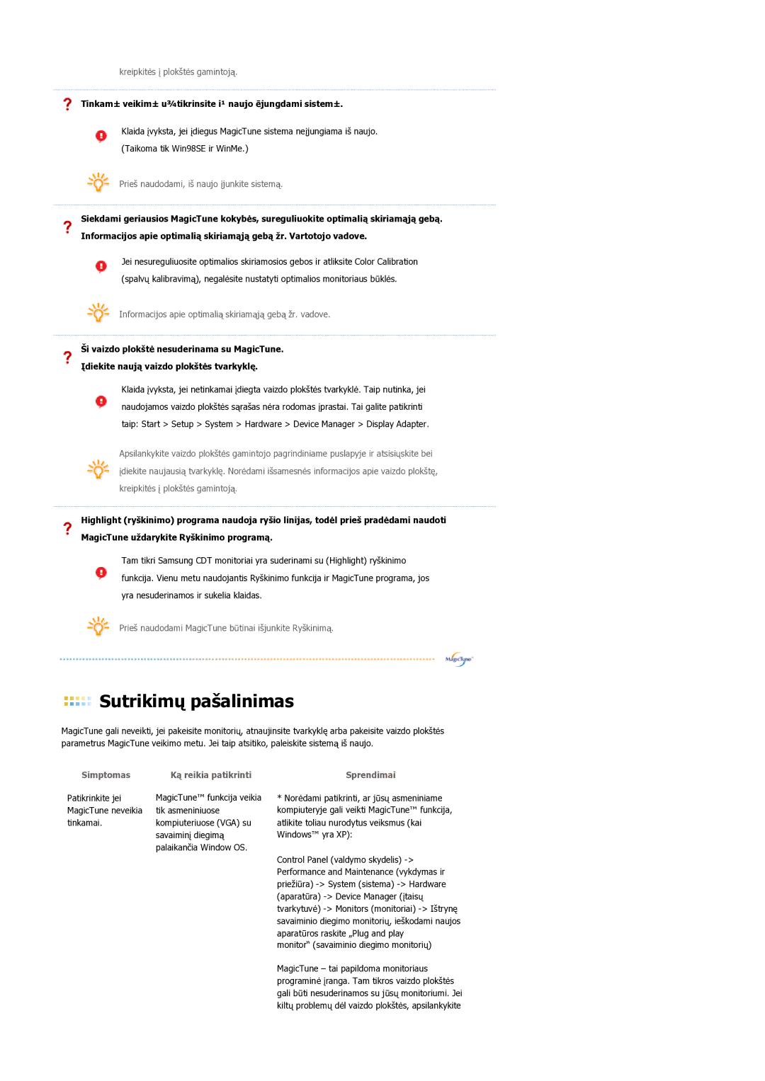 Samsung LS21BRBAS/EDC manual Simptomas Ką reikia patikrinti 