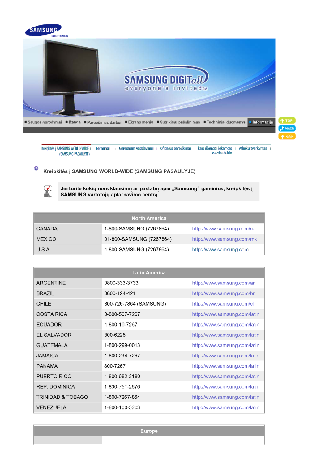 Samsung LS21BRBAS/EDC manual Kreipkitės į Samsung WORLD-WIDE Samsung Pasaulyje, North America, Latin America, Europe 