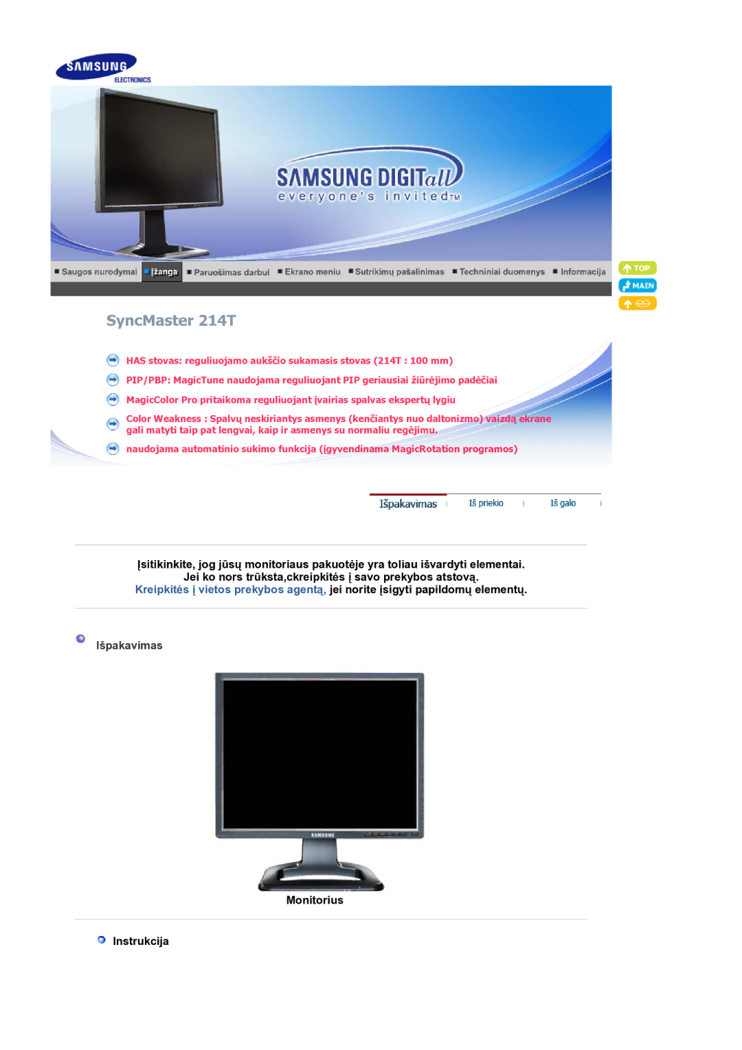 Samsung LS21BRBAS/EDC manual Išpakavimas, Monitorius Instrukcija 