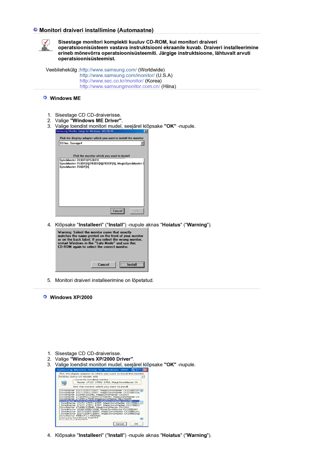 Samsung LS21BRBAS/EDC manual Valige Windows ME Driver, Valige Windows XP/2000 Driver 