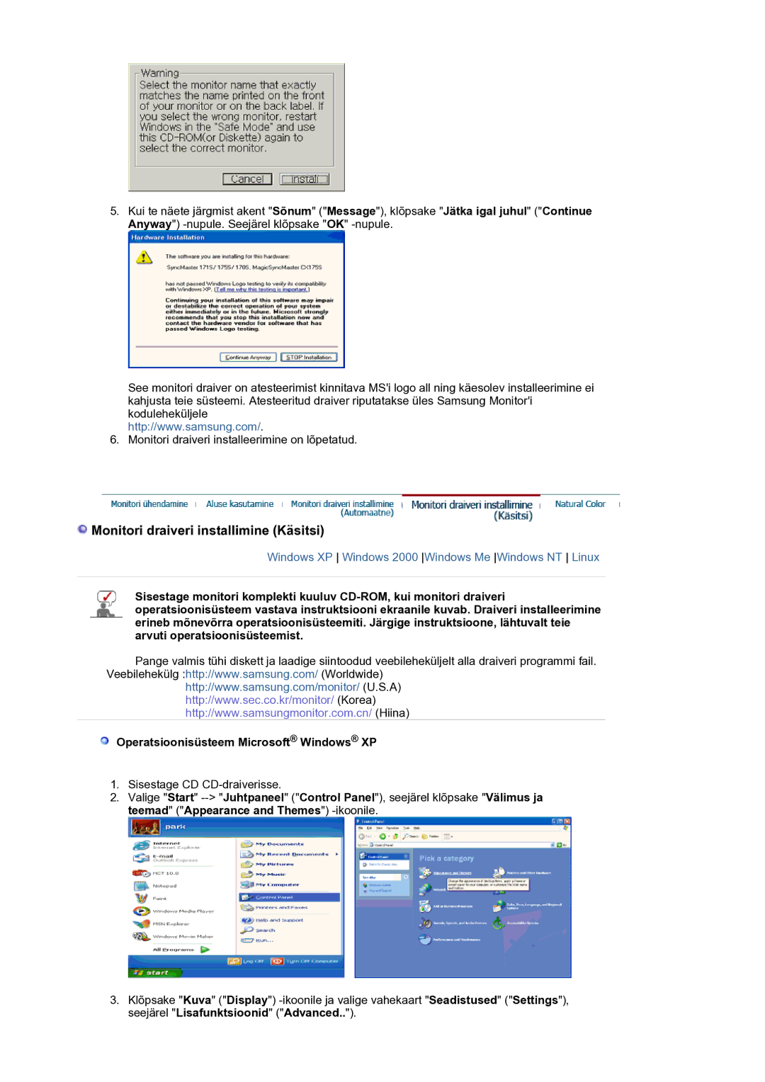 Samsung LS21BRBAS/EDC manual Monitori draiveri installimine Käsitsi 