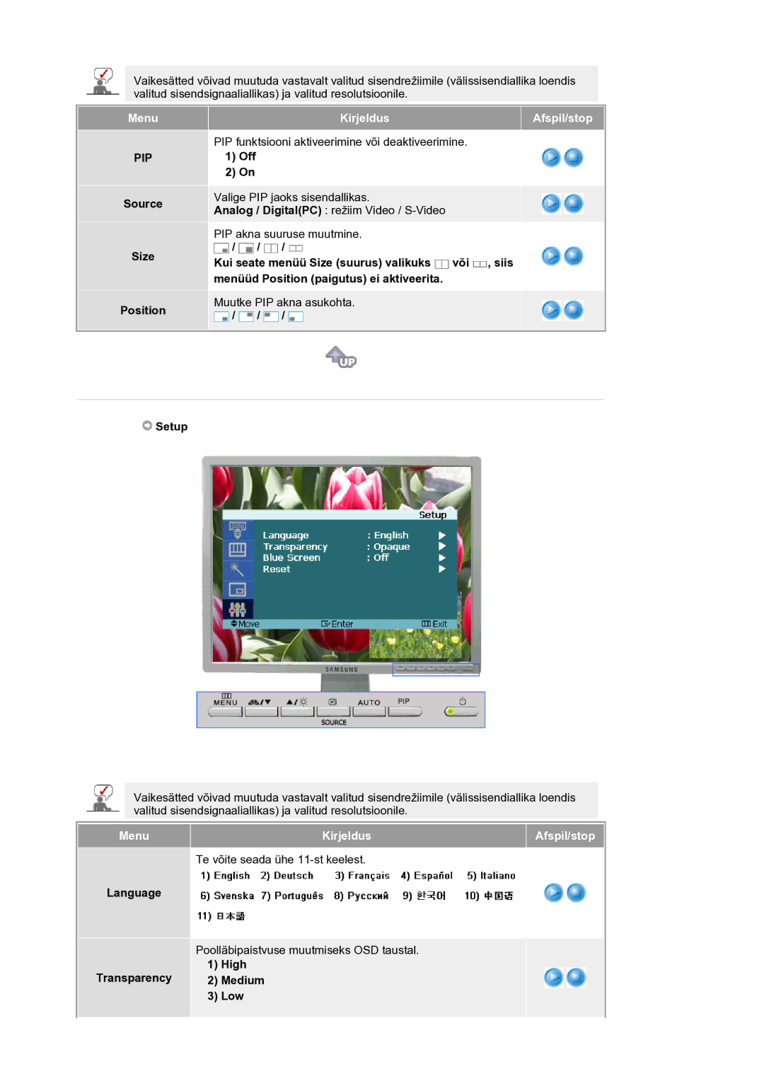 Samsung LS21BRBAS/EDC manual Source Size Position, Off, Setup, Language, High Transparency 2 Medium Low 