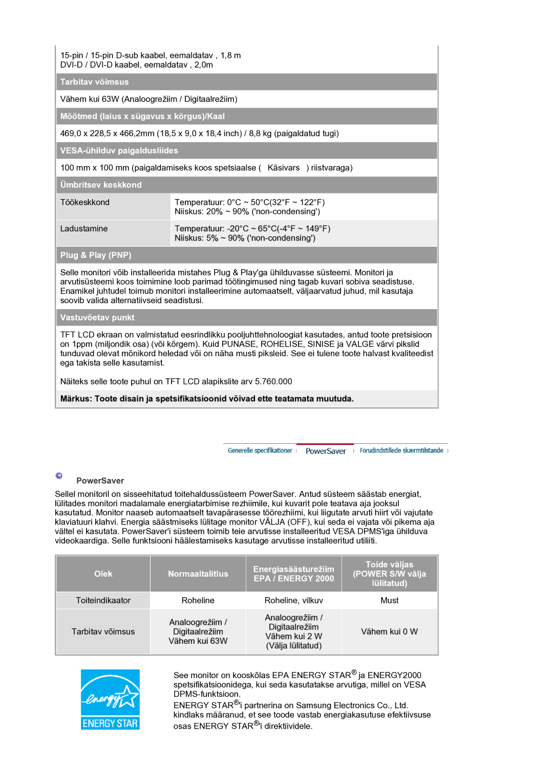 Samsung LS21BRBAS/EDC Tarbitav võimsus, Mõõtmed laius x sügavus x kõrgus/Kaal, VESA-ühilduv paigaldusliides, Lülitatud 