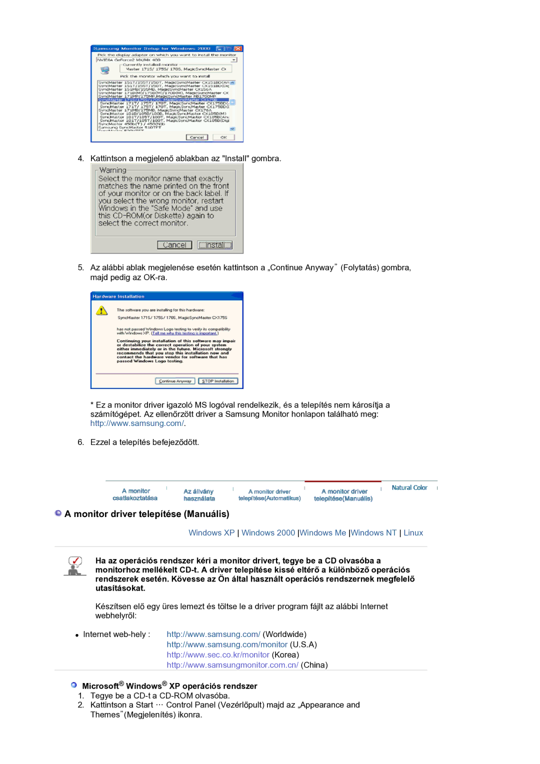 Samsung LS21BRBAS/EDC manual Monitor driver telepítése Manuális, Microsoft Windows XP operációs rendszer 