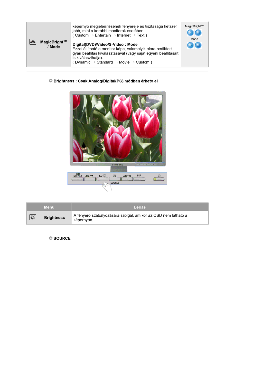 Samsung LS21BRBAS/EDC manual MagicBright Mode, Brightness Csak Analog/DigitalPC módban érheto el 