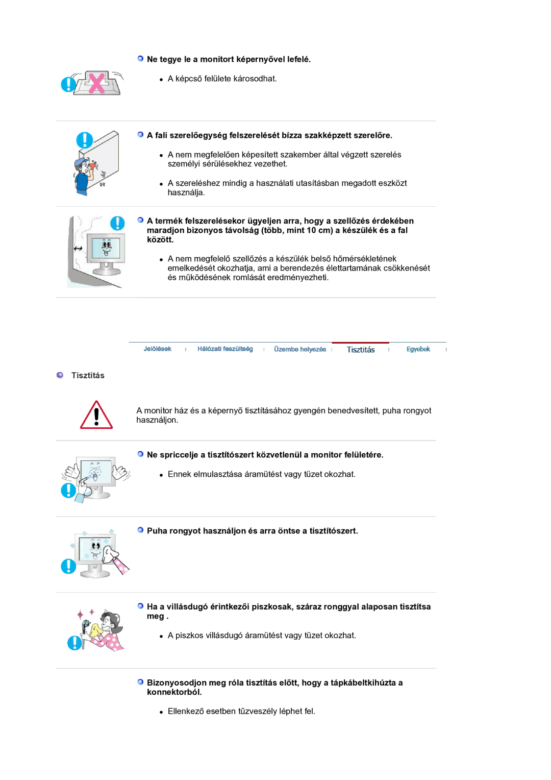 Samsung LS21BRBAS/EDC manual Ne tegye le a monitort képernyővel lefelé, Tisztitás 