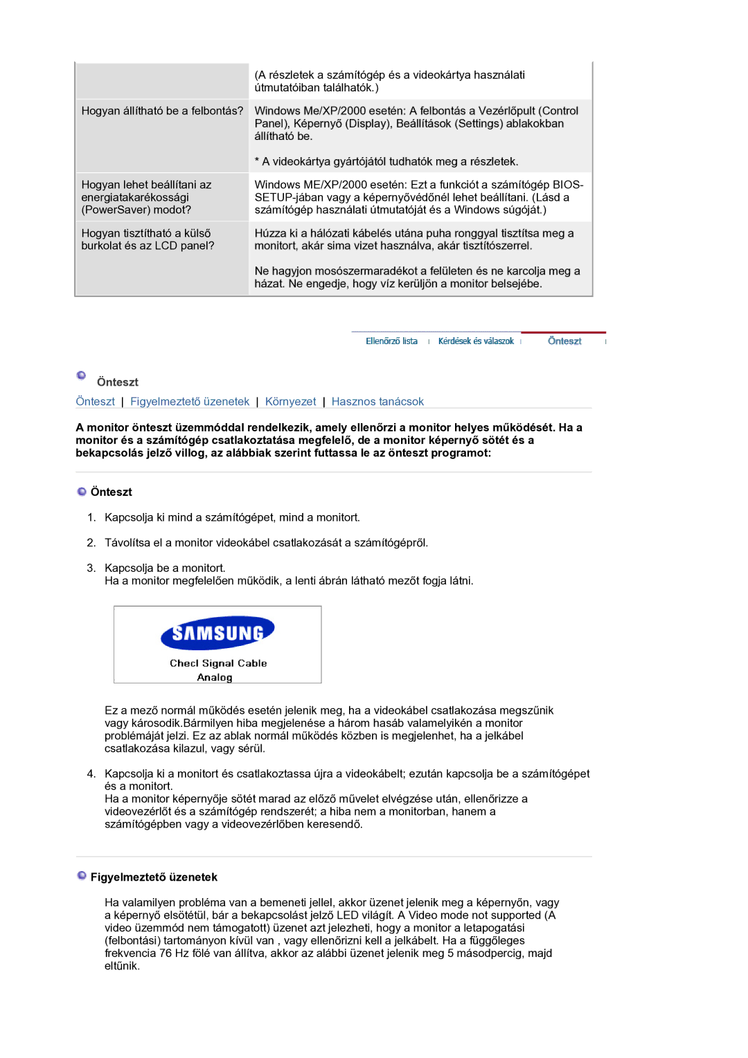 Samsung LS21BRBAS/EDC manual Önteszt, Figyelmeztető üzenetek 