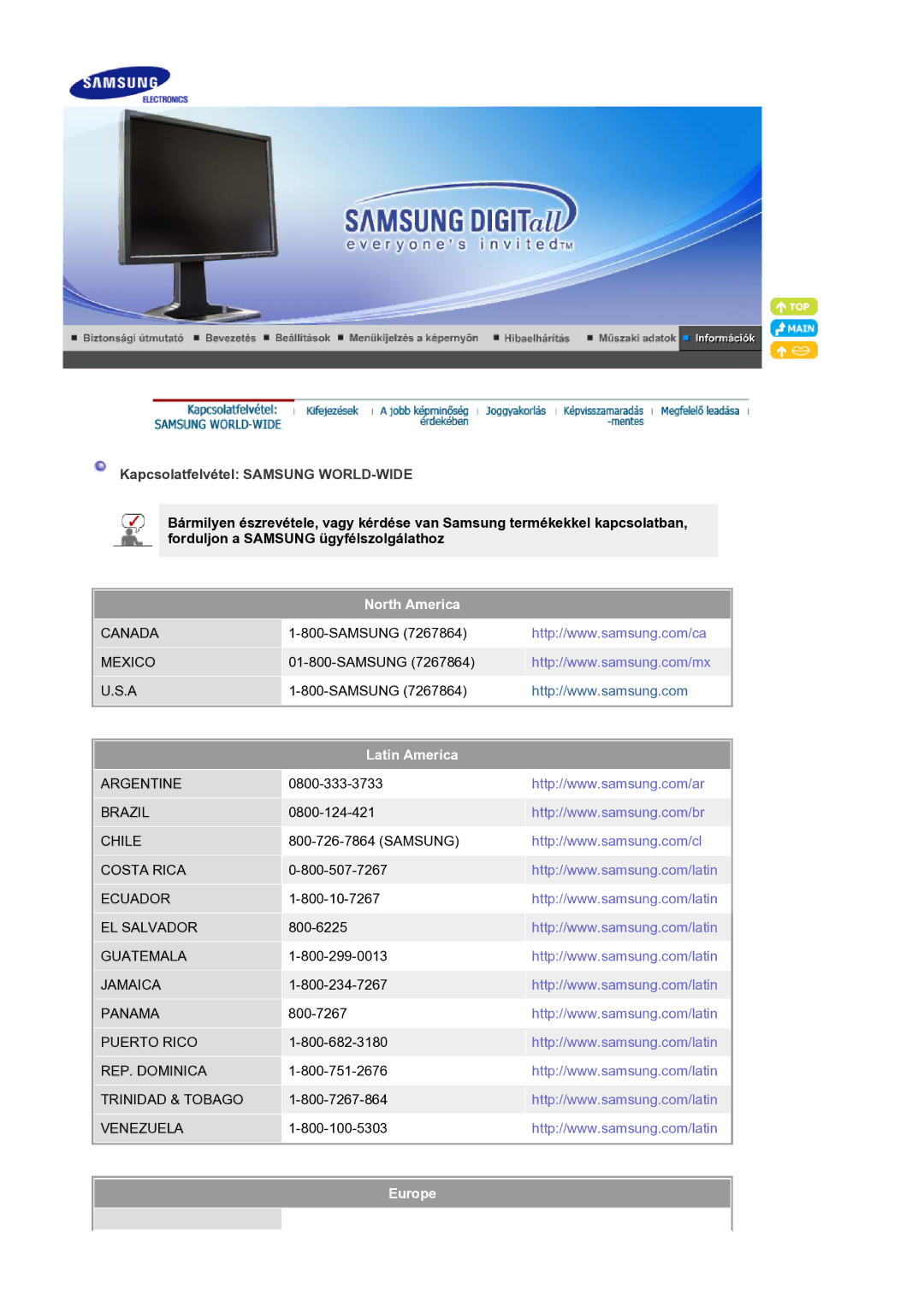 Samsung LS21BRBAS/EDC manual Kapcsolatfelvétel Samsung WORLD-WIDE, North America, Latin America, Europe 