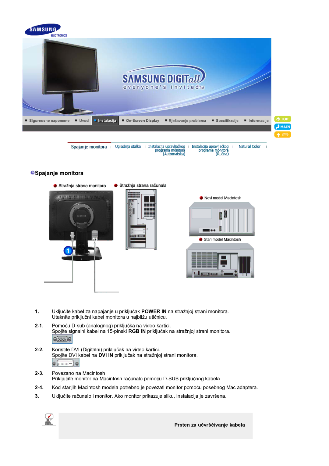 Samsung LS21BRBAS/EDC manual Spajanje monitora, Prsten za učvršćivanje kabela 