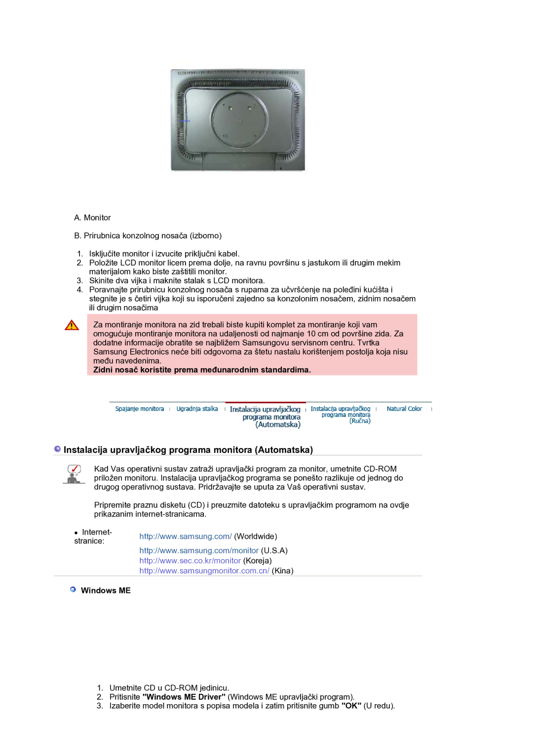 Samsung LS21BRBAS/EDC manual Zidni nosač koristite prema međunarodnim standardima, Windows ME 