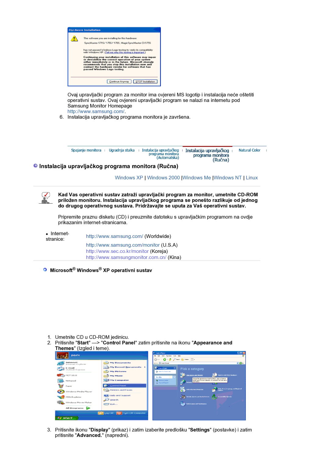 Samsung LS21BRBAS/EDC manual Instalacija upravljačkog programa monitora Ručna, Microsoft Windows XP operativni sustav 