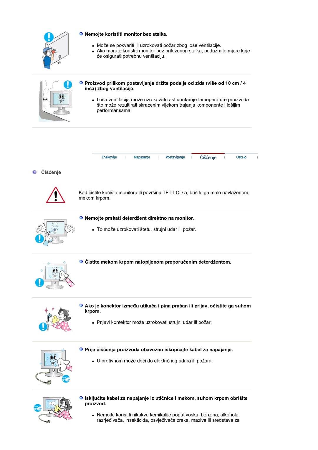 Samsung LS21BRBAS/EDC manual Nemojte koristiti monitor bez stalka, Čišćenje, Nemojte prskati deterdžent direktno na monitor 