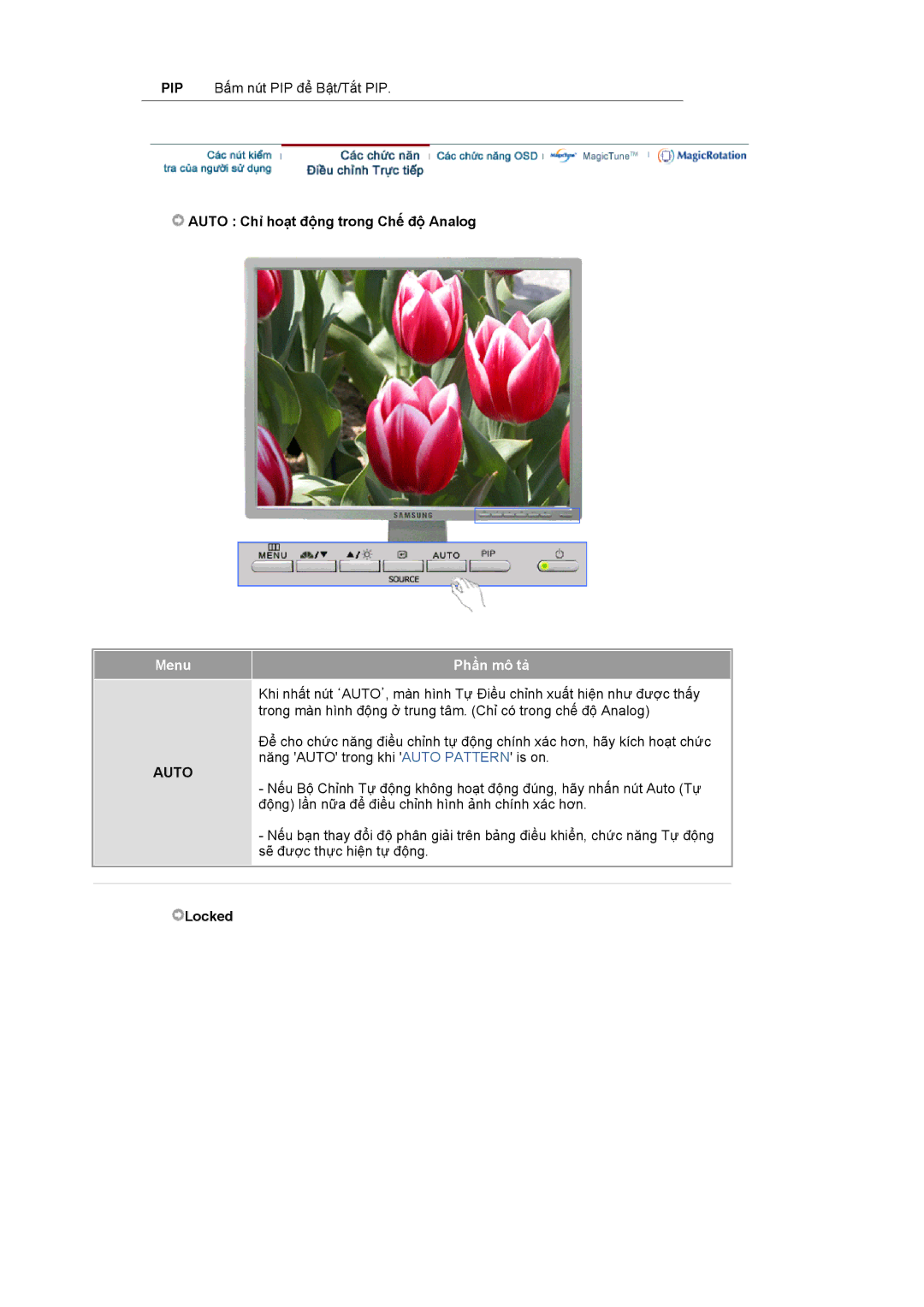 Samsung LS21BRBAS/VNT manual Auto Chỉ hoạt động trong Chế độ Analog, Menu Phần mô tả, Locked 