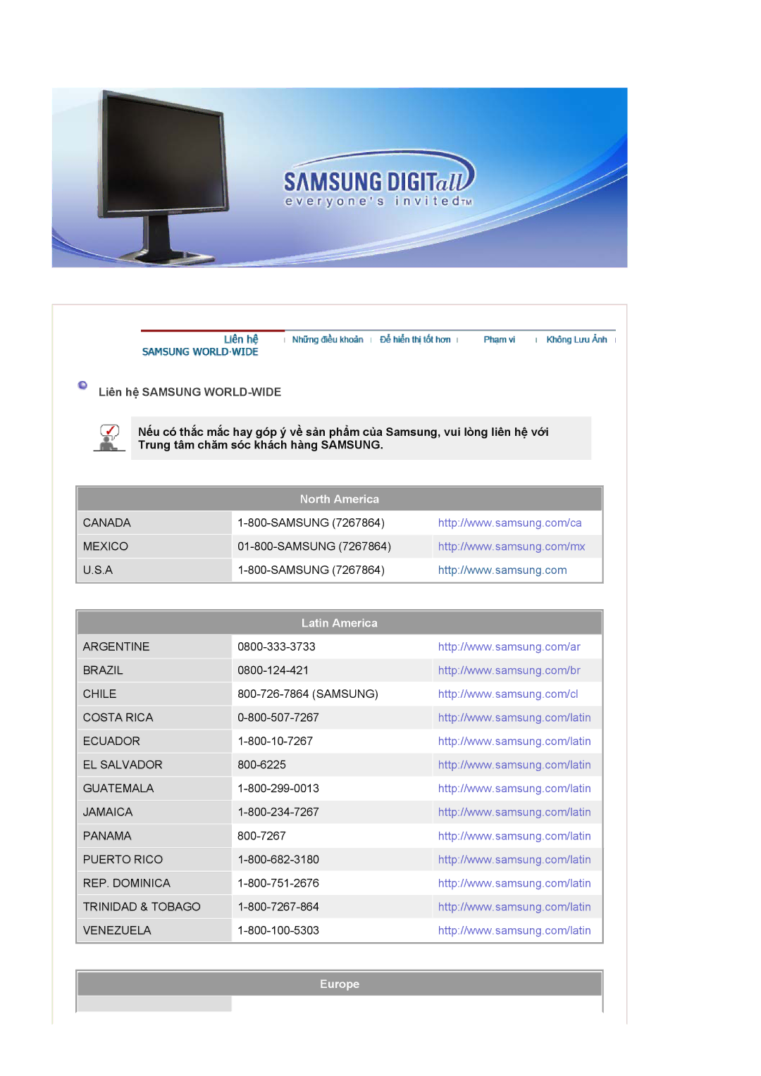 Samsung LS21BRBAS/VNT manual Liên hệ Samsung WORLD-WIDE, North America, Latin America, Europe 