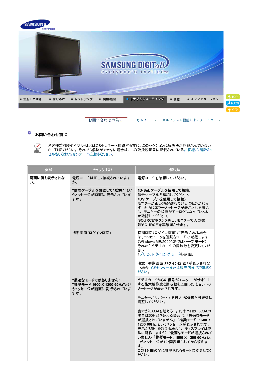 Samsung LS21BRBAS/XSJ manual お問い合わせ前に, 画面に何も表示されな, 信号ケーブルを確認してくださいとい （D-Subケーブルを使用して接続）, （Dviケーブルを使用して接続）, 最適なモードではありません 