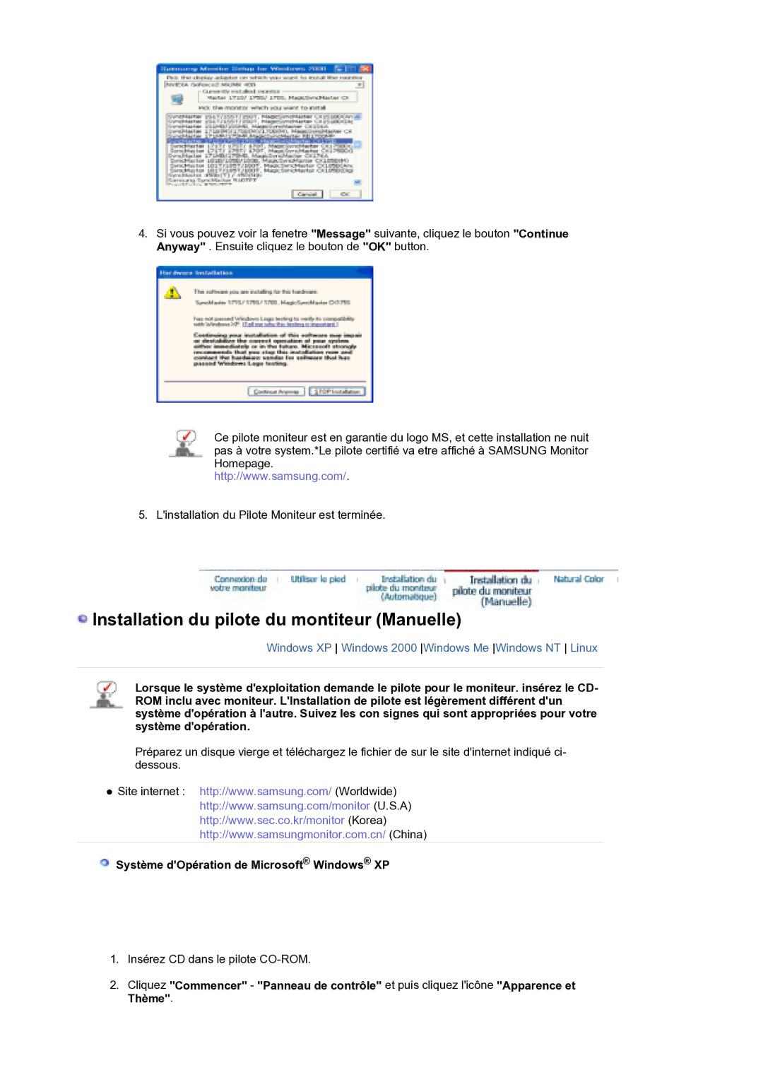 Samsung LS21DPWASQ/EDC manual Installation du pilote du montiteur Manuelle, Système dOpération de Microsoft Windows XP 