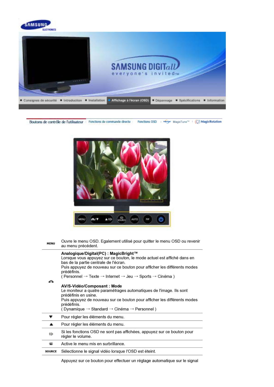 Samsung LS21DPWASQ/EDC manual Analogique/DigitalPC MagicBright, AV/S-Vidéo/Composant Mode 