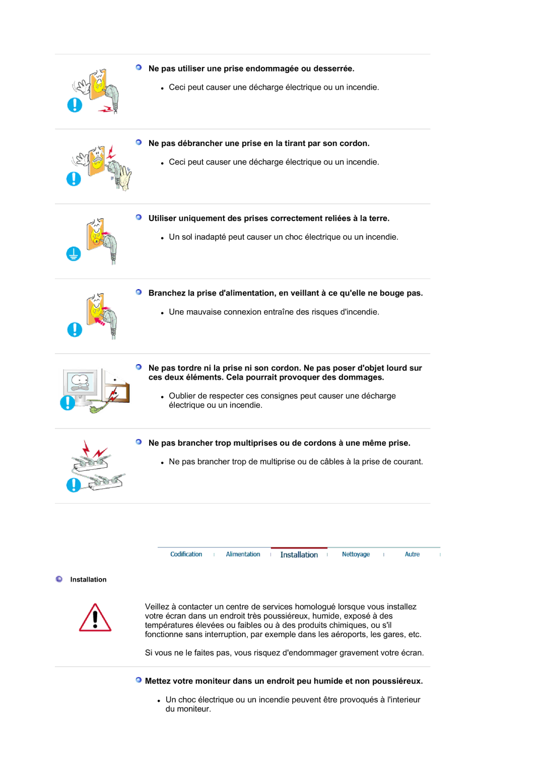 Samsung LS21DPWASQ/EDC manual Ne pas utiliser une prise endommagée ou desserrée 