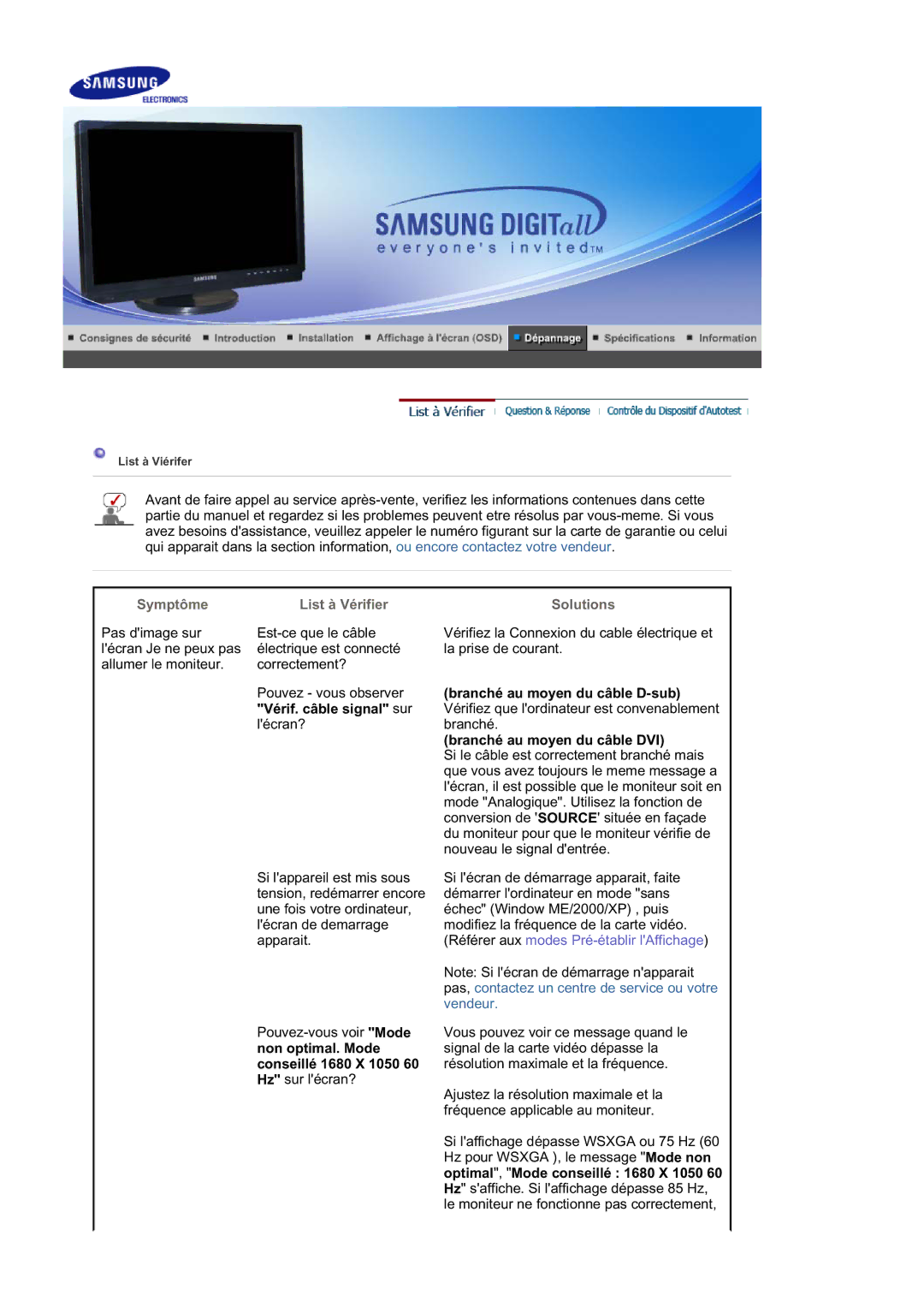 Samsung LS21DPWASQ/EDC manual Symptôme List à Vérifier Solutions 