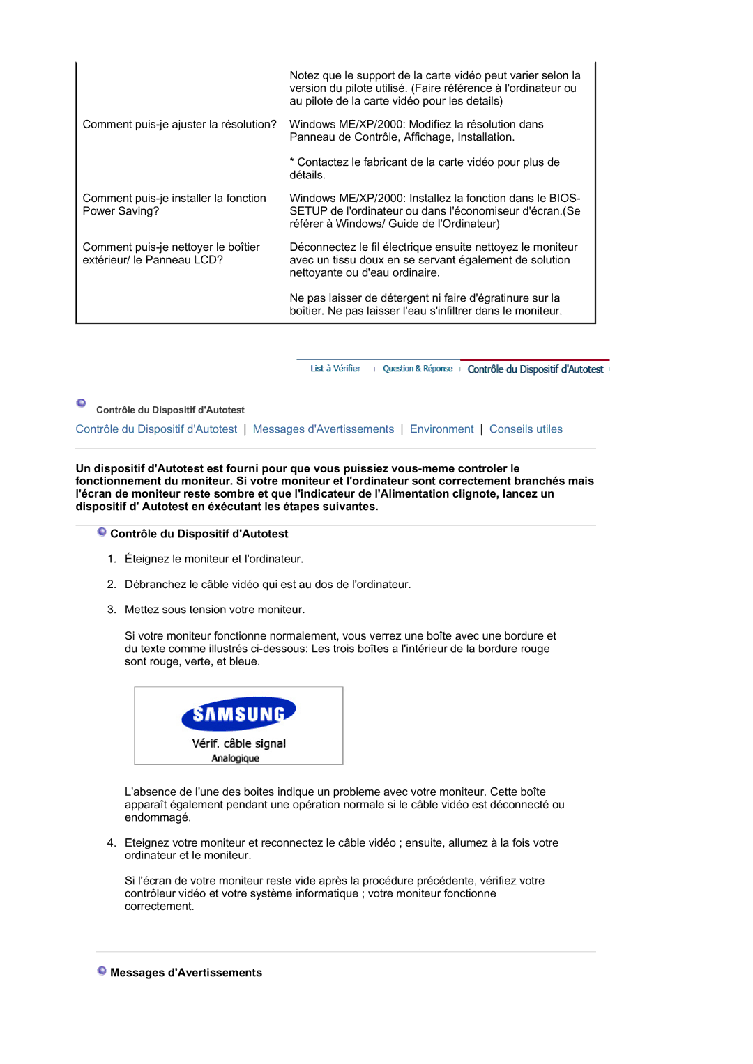 Samsung LS21DPWASQ/EDC manual Messages dAvertissements 