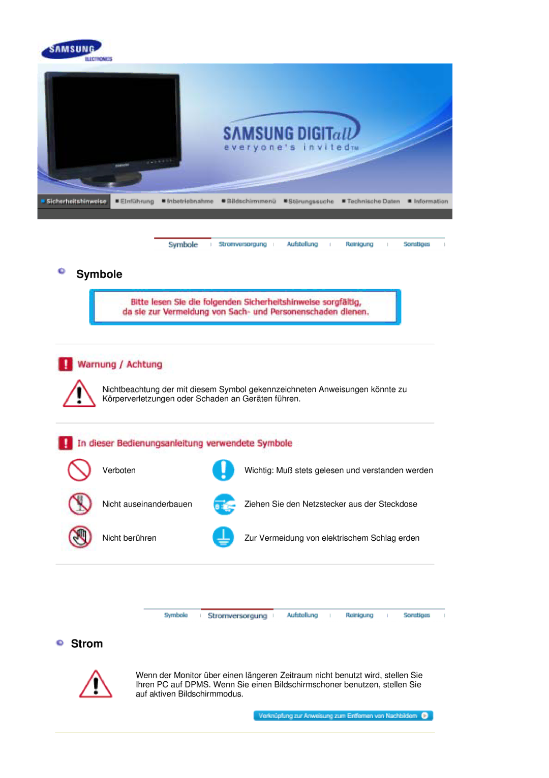 Samsung LS21DPWASQ/EDC manual Symbole, Strom 