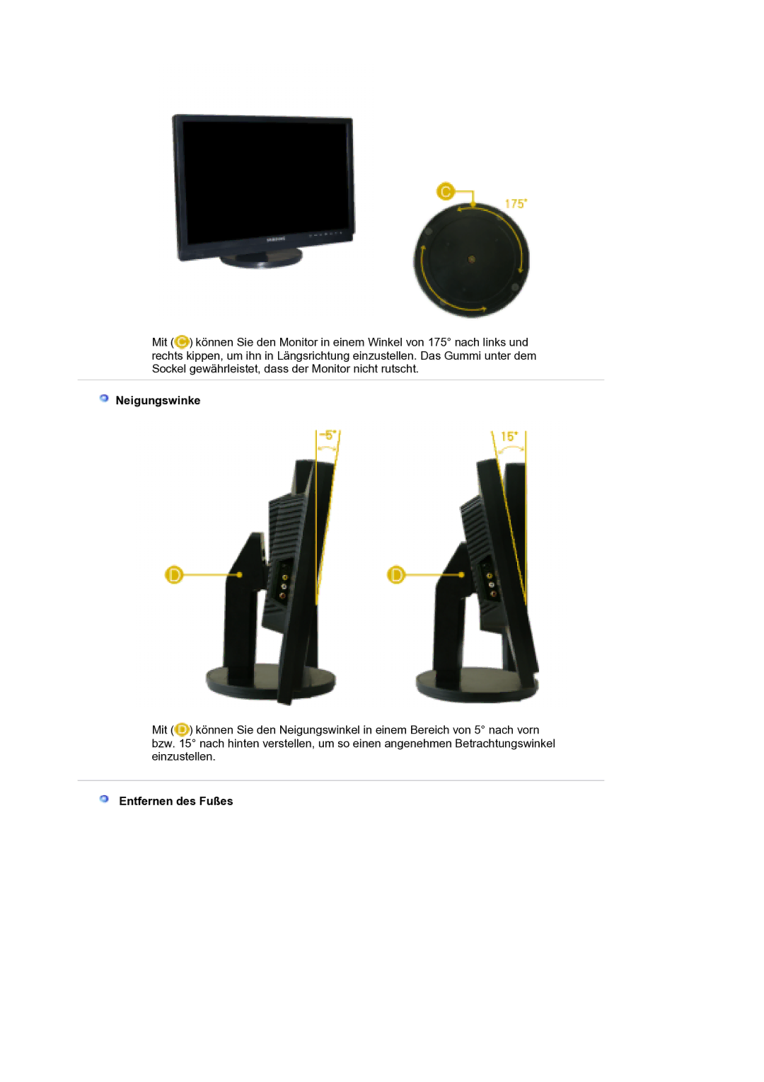 Samsung LS21DPWASQ/EDC manual Neigungswinke, Entfernen des Fußes 