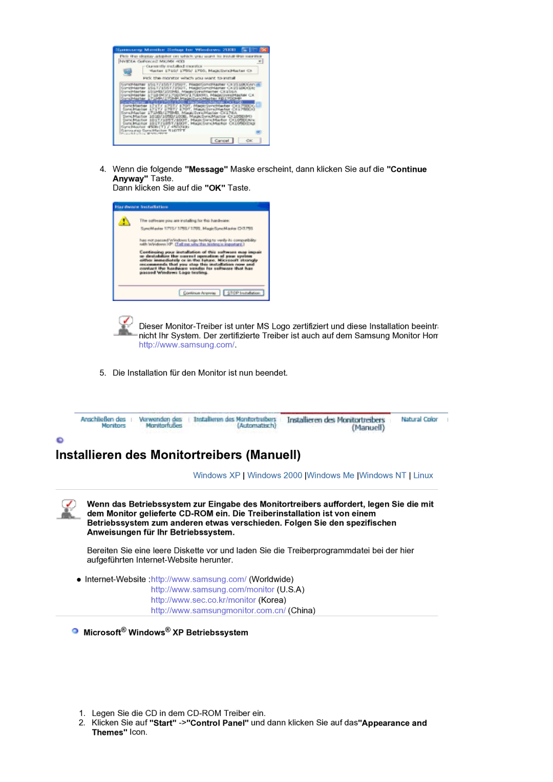 Samsung LS21DPWASQ/EDC manual Installieren des Monitortreibers Manuell, Microsoft Windows XP Betriebssystem 