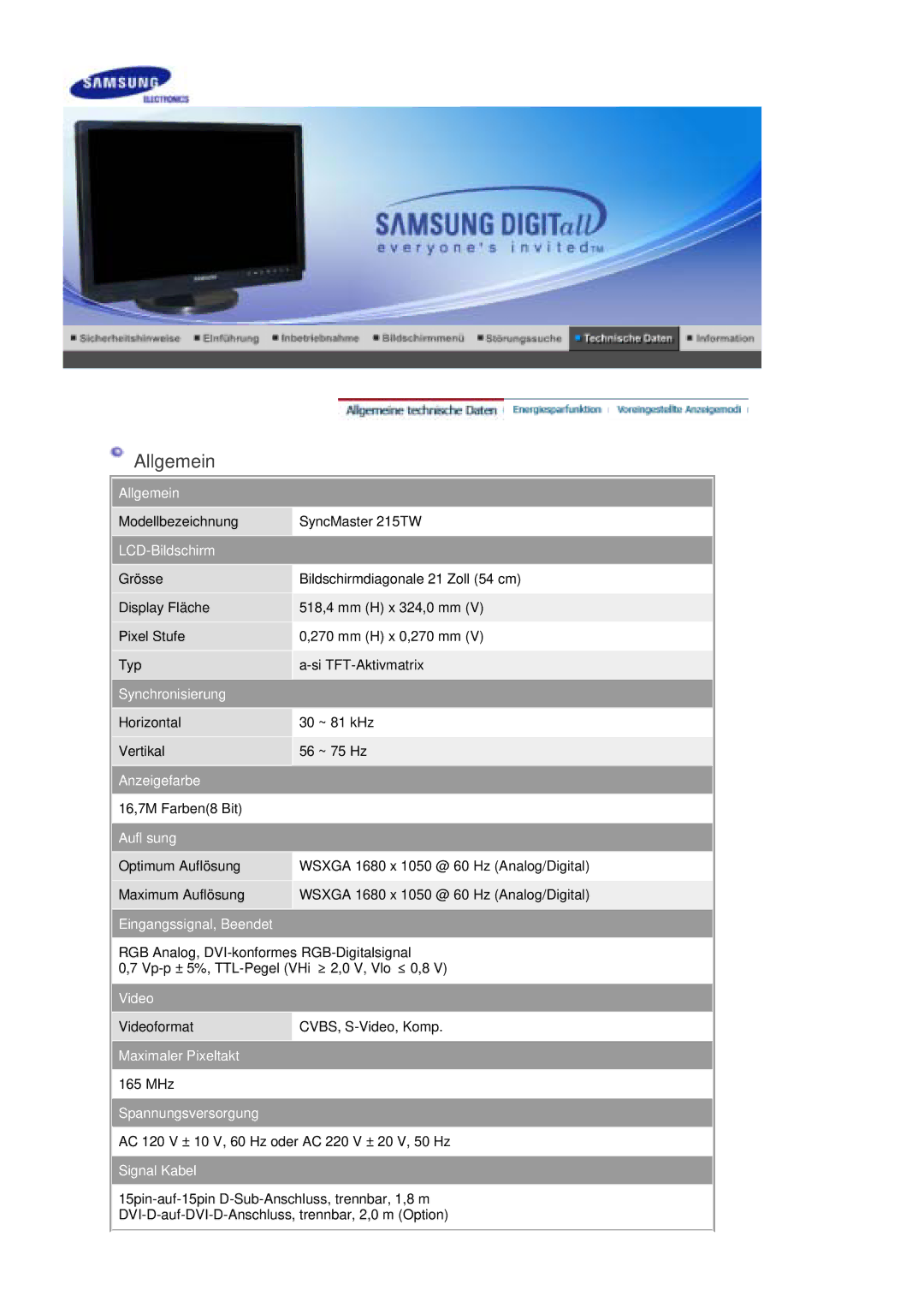 Samsung LS21DPWASQ/EDC manual Allgemein, LCD-Bildschirm, Synchronisierung, Anzeigefarbe, Auflösung, Eingangssignal, Beendet 