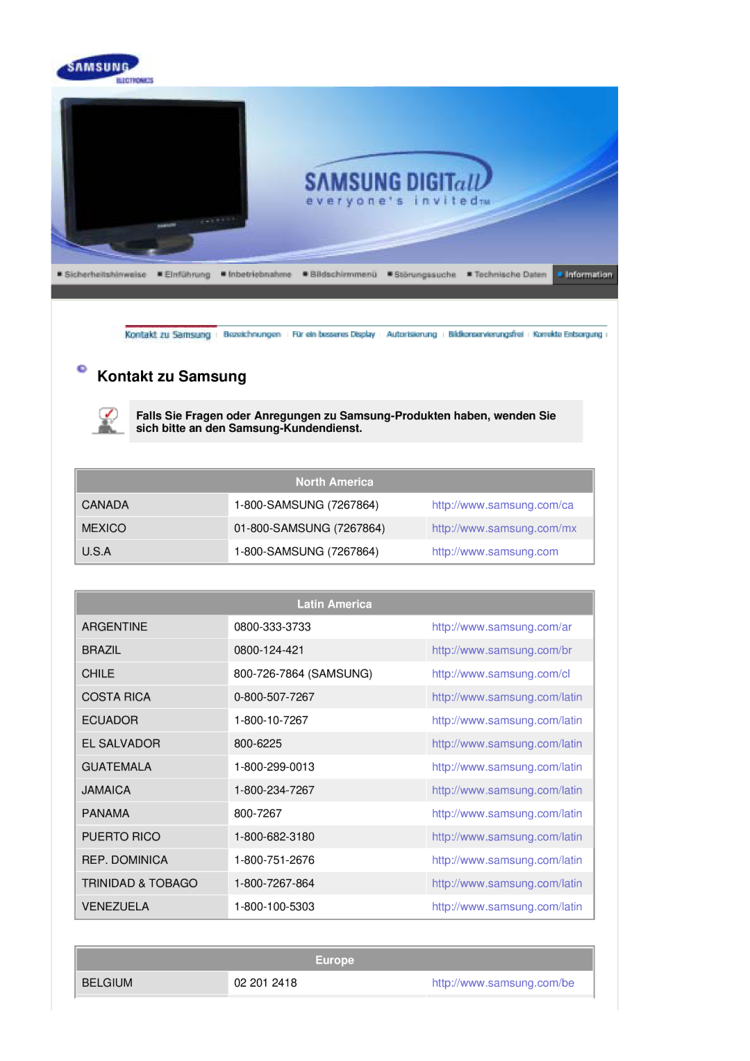 Samsung LS21DPWASQ/EDC manual Kontakt zu Samsung, North America, Latin America, Europe 