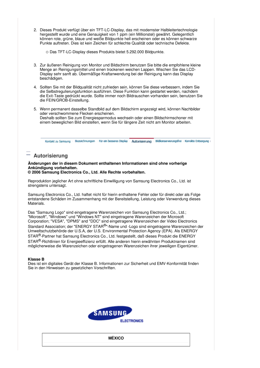 Samsung LS21DPWASQ/EDC manual Autorisierung, Klasse B 