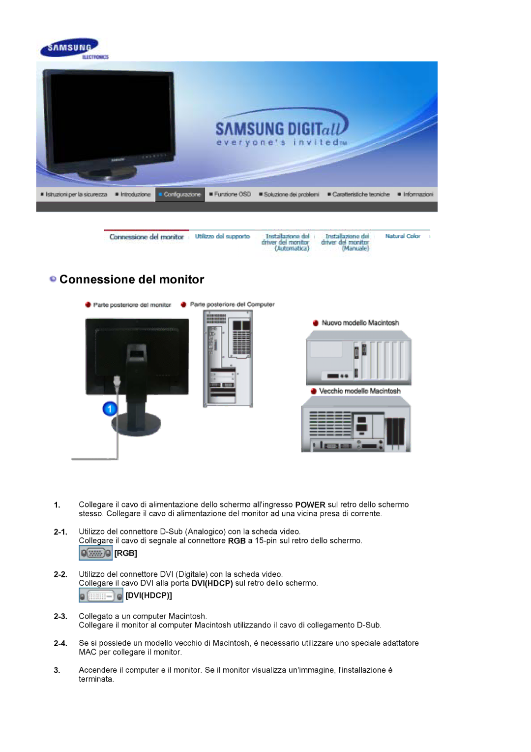 Samsung LS21DPWASQ/EDC manual Connessione del monitor 