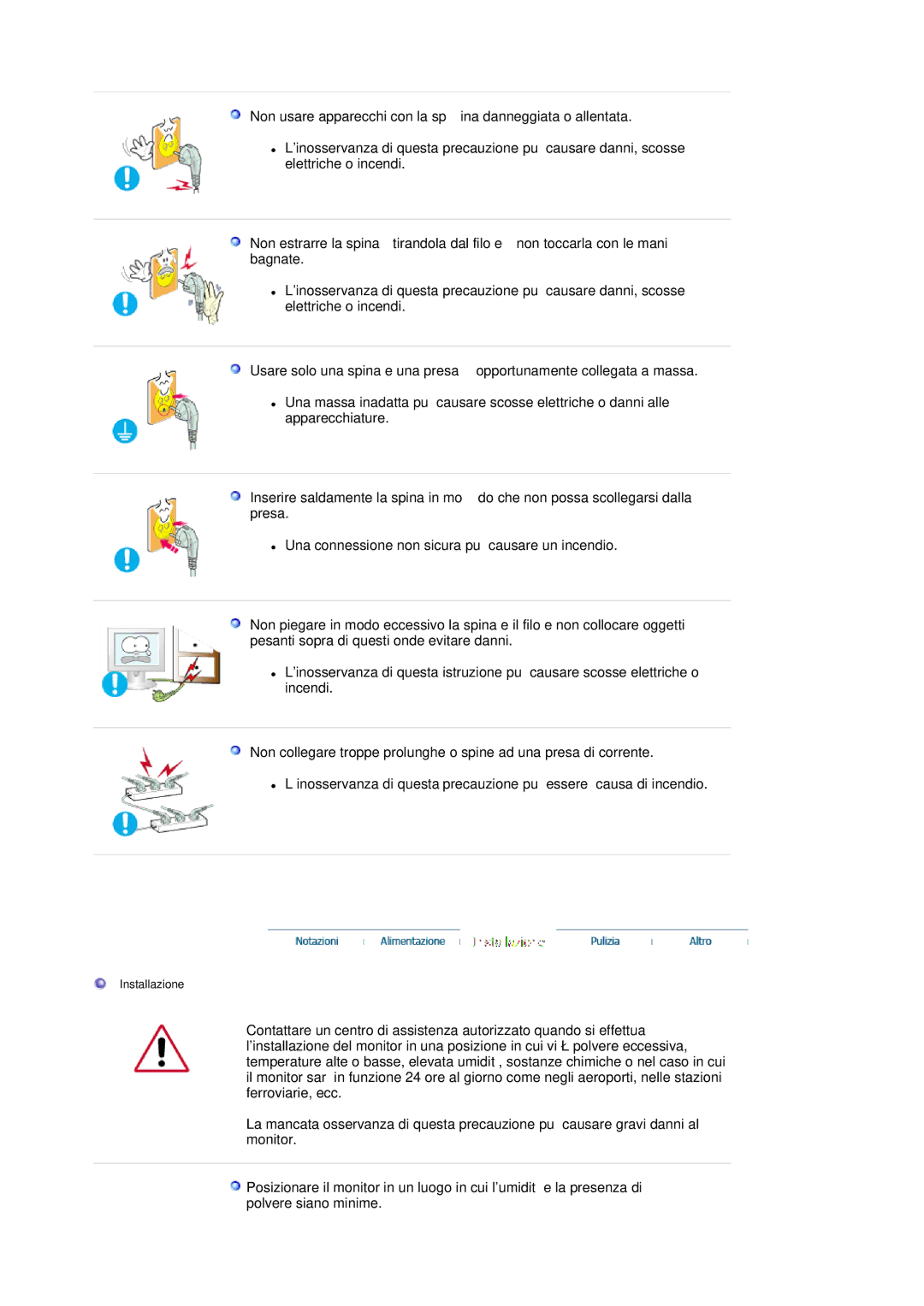 Samsung LS21DPWASQ/EDC manual Non usare apparecchi con la spina danneggiata o allentata 