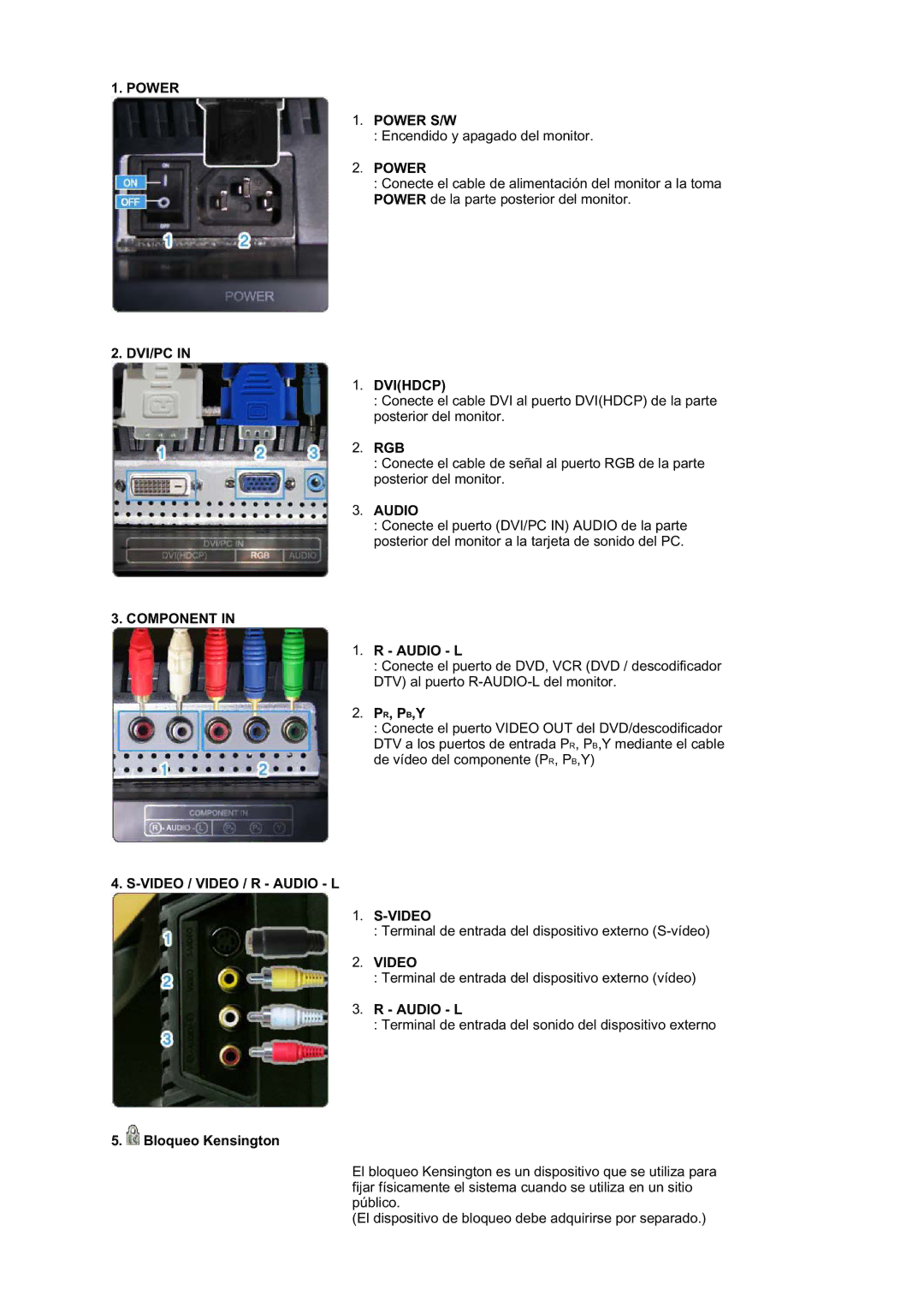 Samsung LS21DPWASQ/EDC manual Rgb, Audio L, Pr, Pb,Y, Bloqueo Kensington 