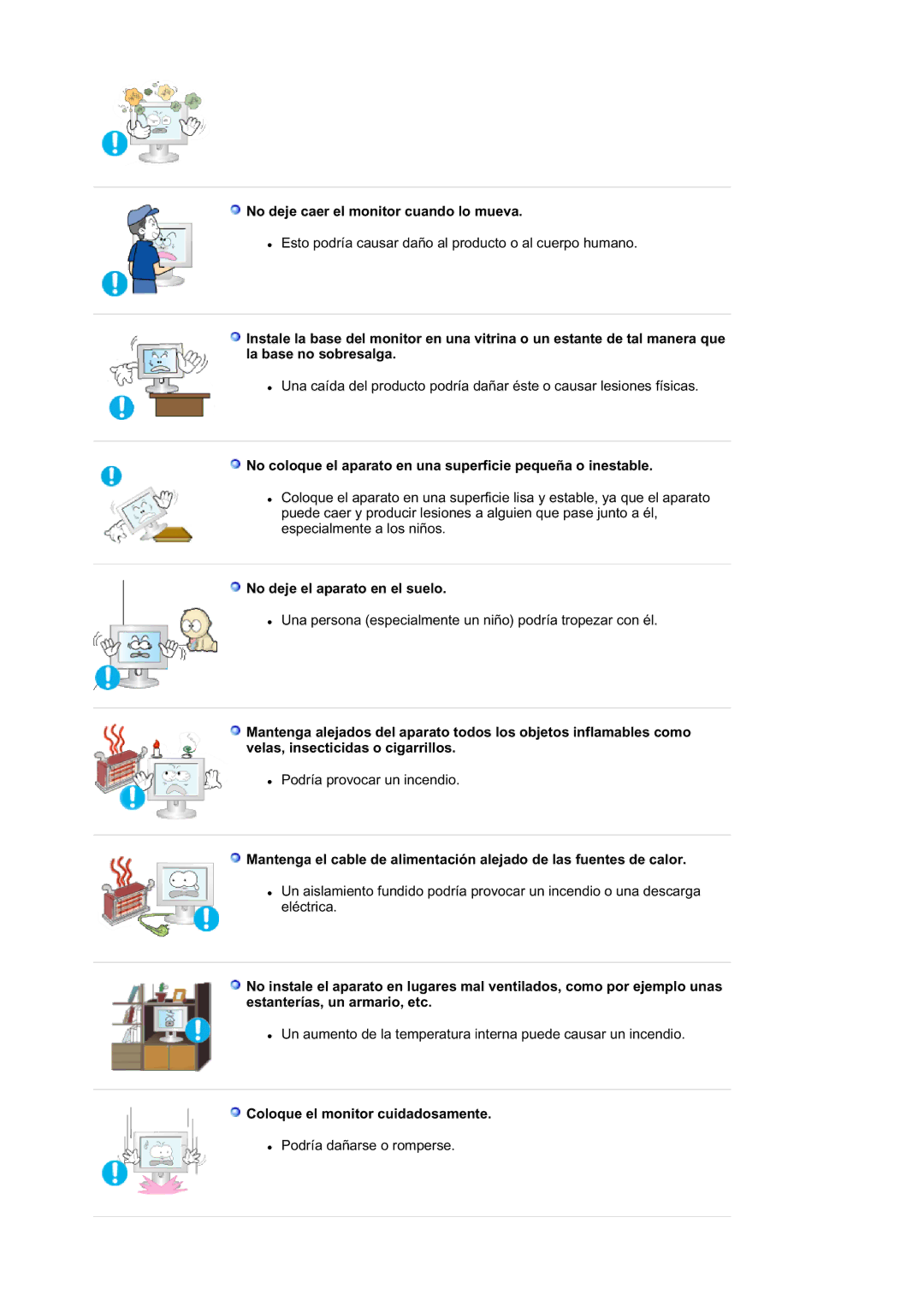 Samsung LS21DPWASQ/EDC manual No deje caer el monitor cuando lo mueva, No deje el aparato en el suelo 