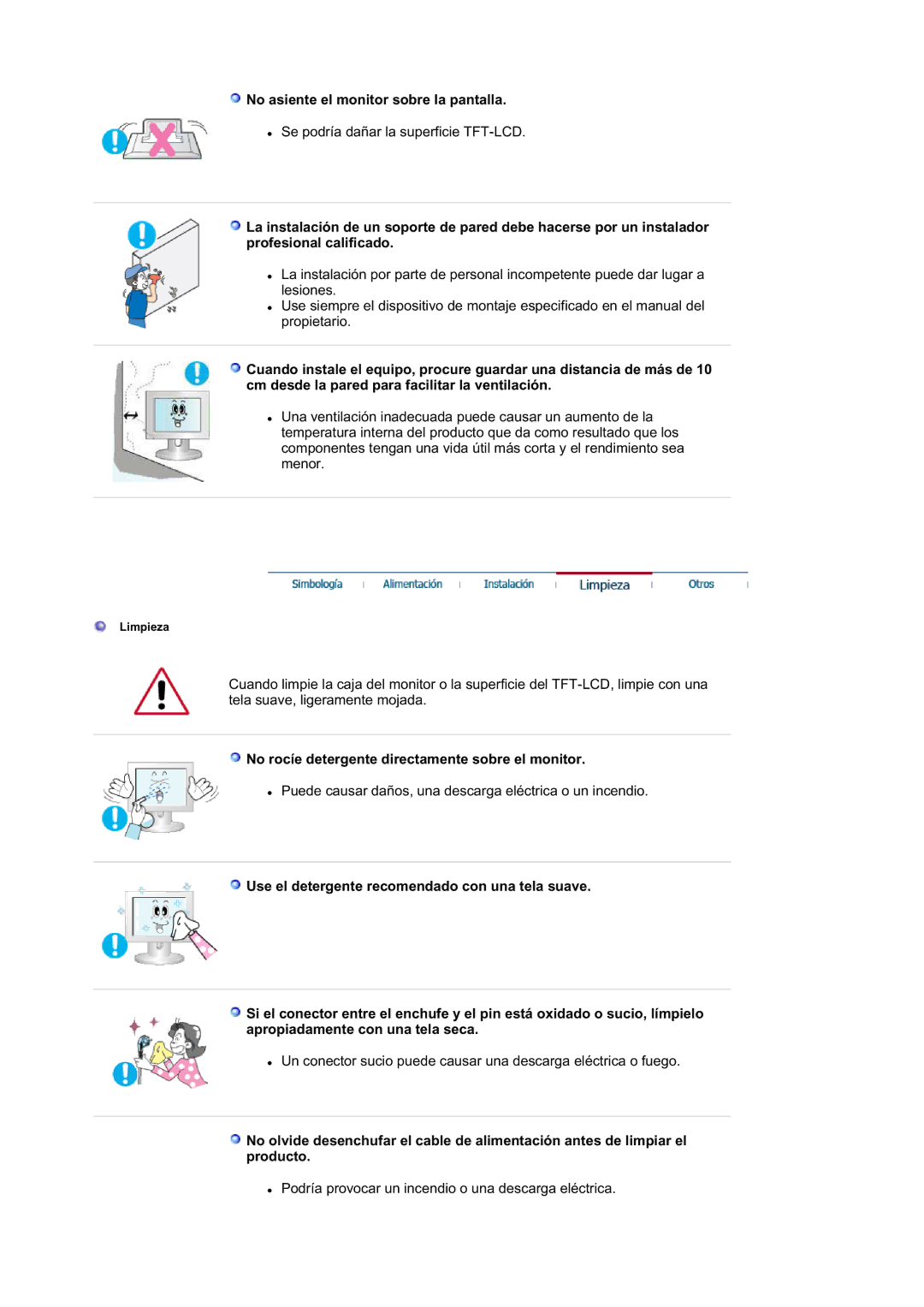 Samsung LS21DPWASQ/EDC manual No asiente el monitor sobre la pantalla, No rocíe detergente directamente sobre el monitor 