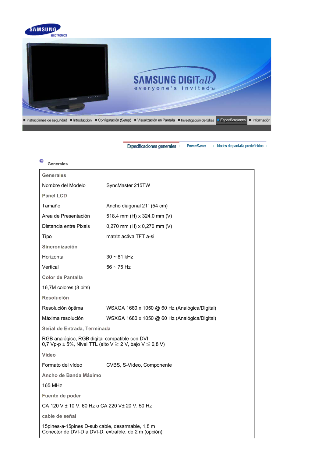 Samsung LS21DPWASQ/EDC manual Generales 