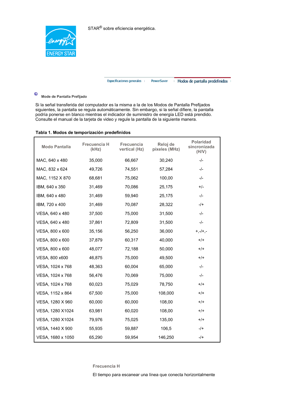 Samsung LS21DPWASQ/EDC manual Star sobre eficiencia energética, Tabla 1. Modos de temporización predefinidos 