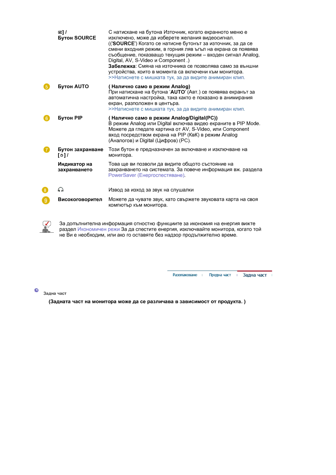 Samsung LS21DPWASQ/EDC manual Бутон Source, Бутон Auto Налично само в режим Analog 