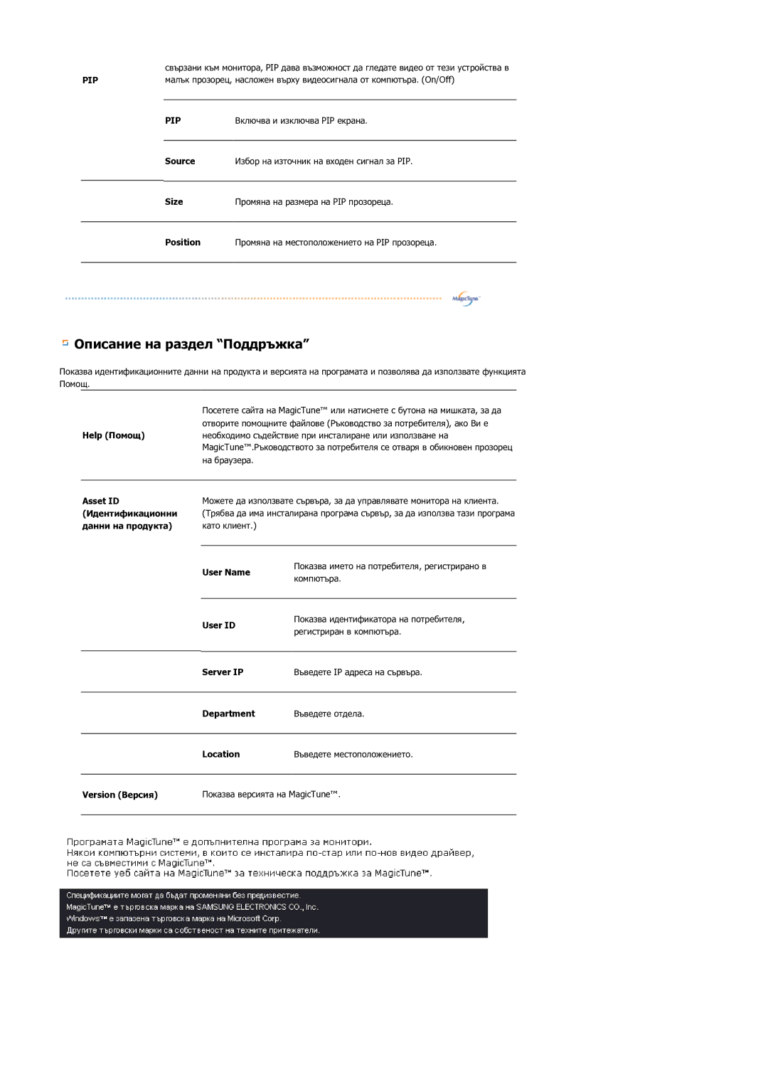 Samsung LS21DPWASQ/EDC manual Описание на раздел Поддръжка 