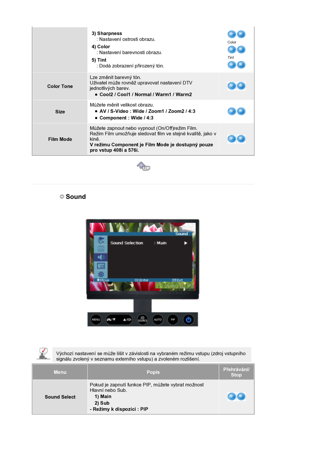 Samsung LS21DPWASQ/EDC manual Color Tone Size Film Mode Sharpness, Cool2 / Cool1 / Normal / Warm1 / Warm2, Sound Select 