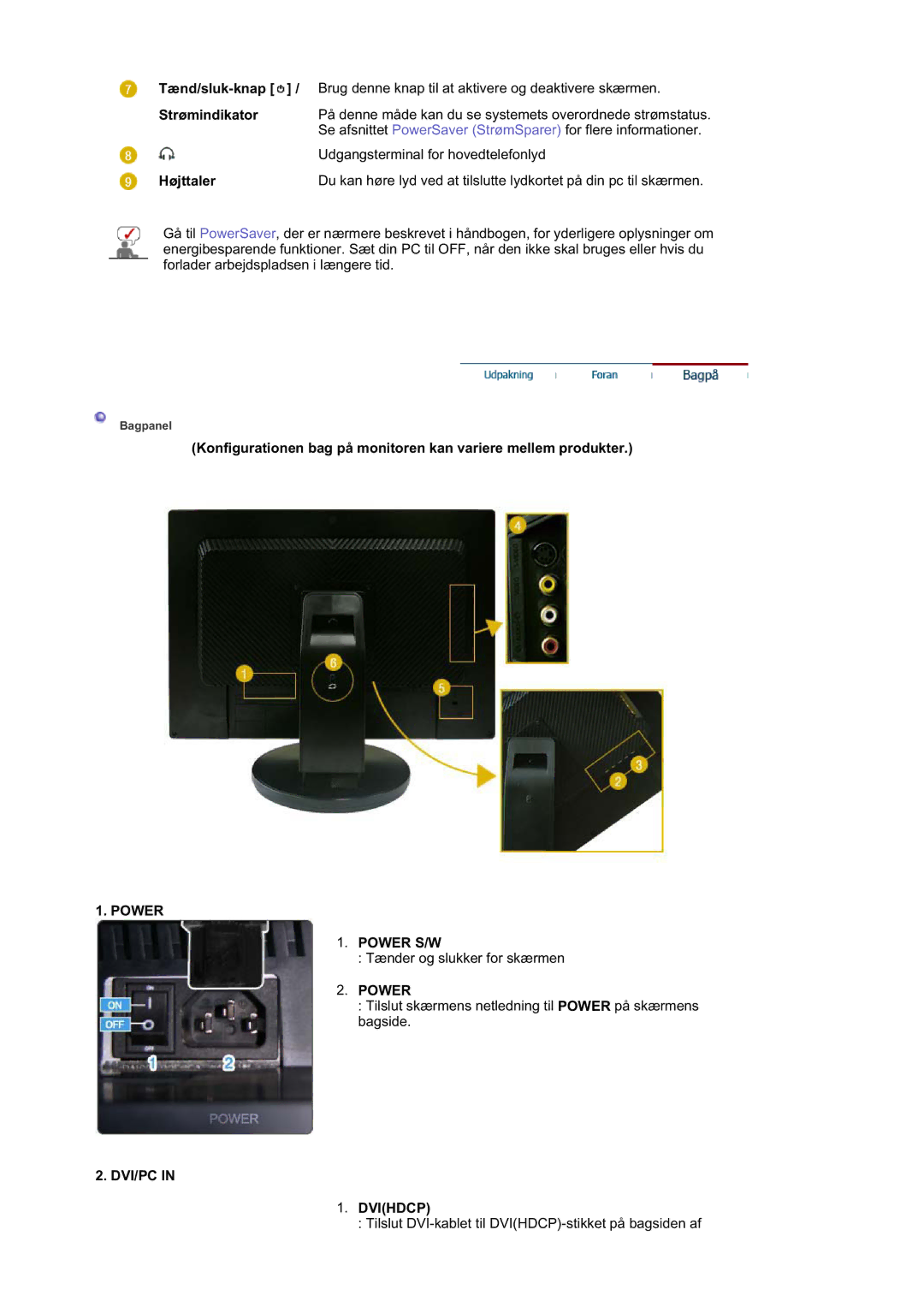 Samsung LS21DPWASQ/EDC manual Tænd/sluk-knap, Strømindikator, Højttaler 