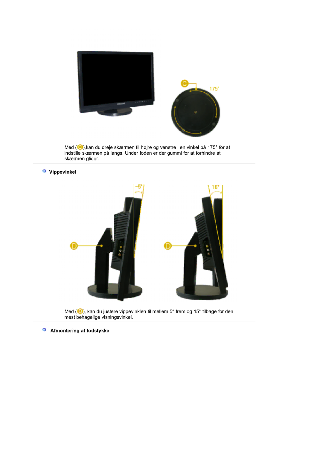 Samsung LS21DPWASQ/EDC manual Vippevinkel, Afmontering af fodstykke 