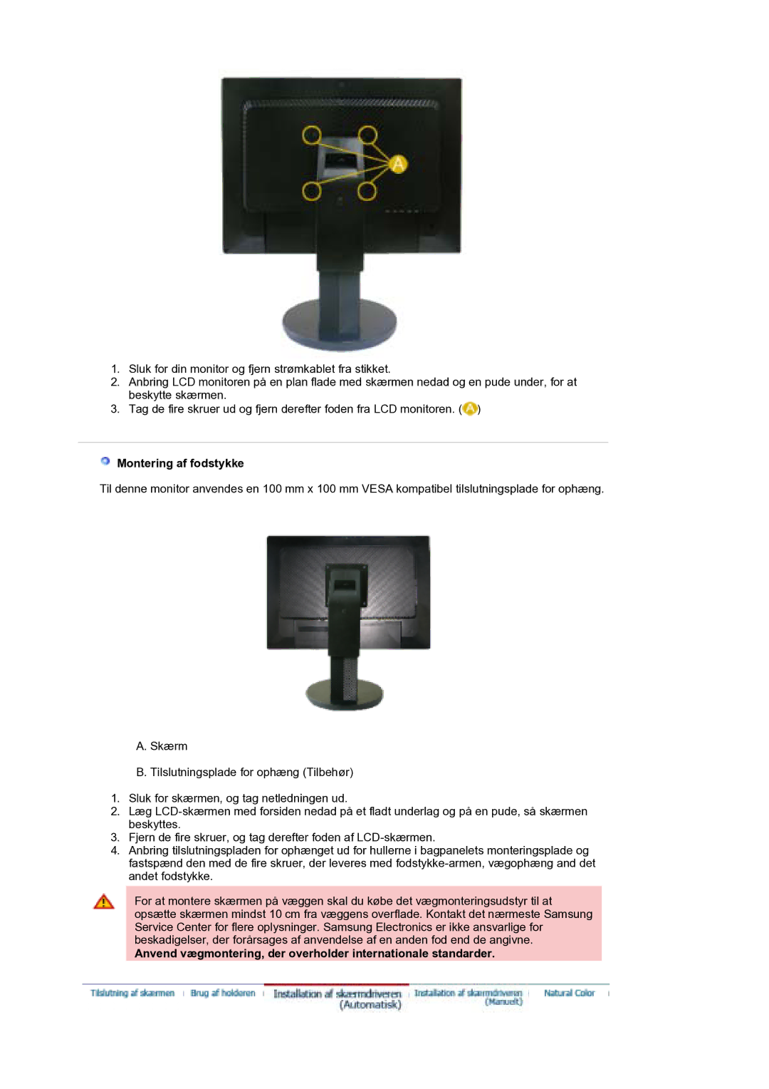 Samsung LS21DPWASQ/EDC manual Montering af fodstykke 