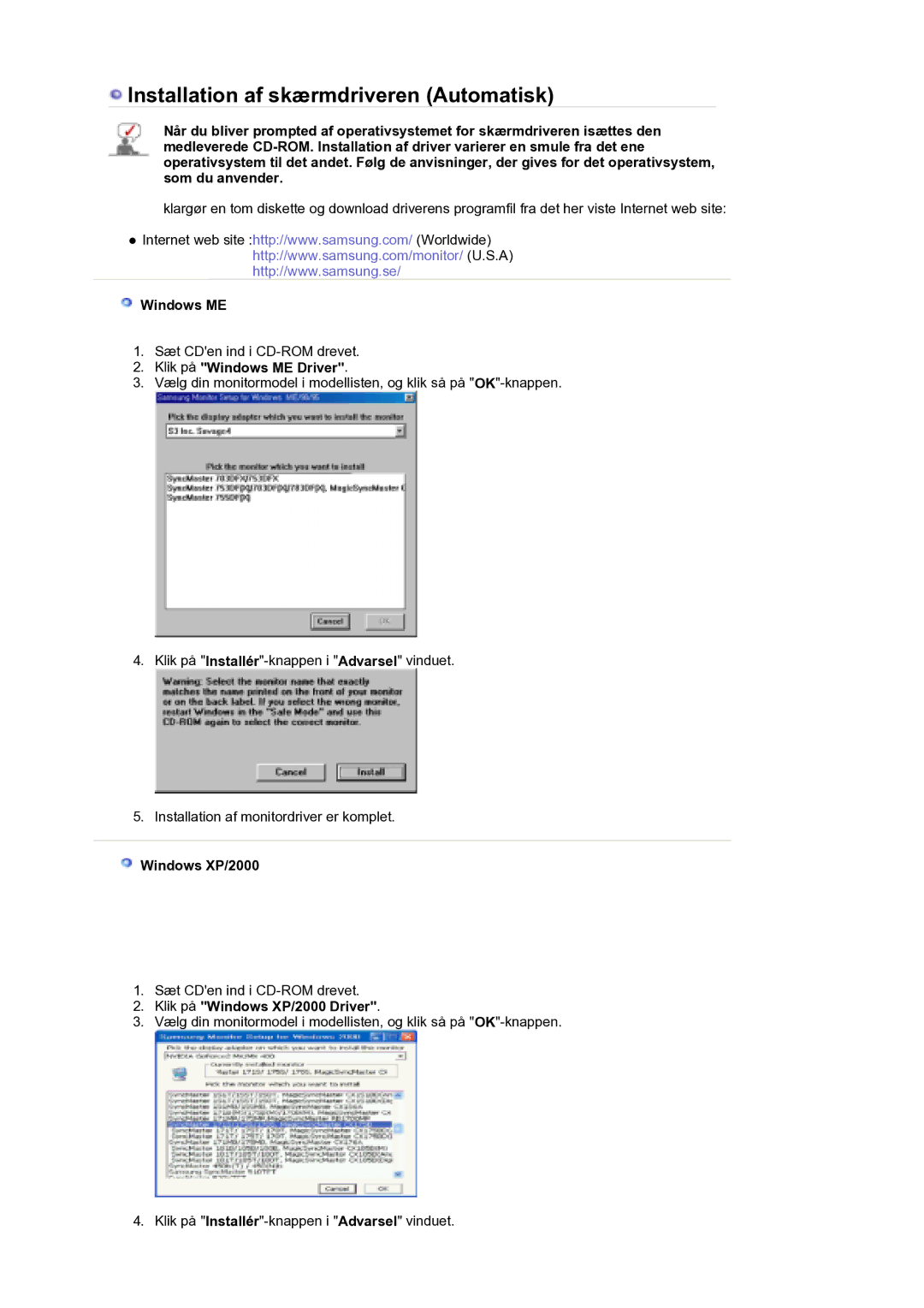 Samsung LS21DPWASQ/EDC manual Klik på Windows ME Driver, Klik på Windows XP/2000 Driver 